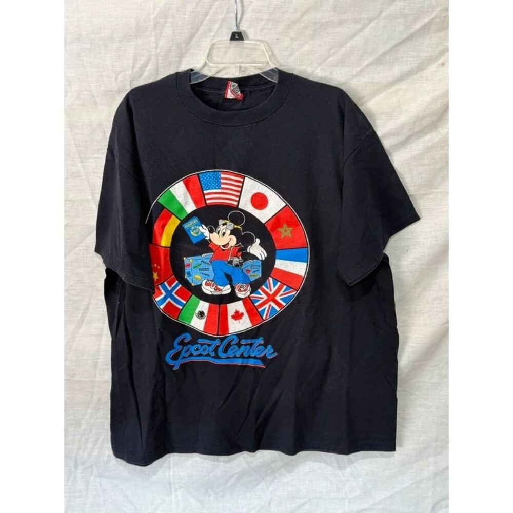 Disney Designs Black Vintage Epcot Center Mickey Mouse Flags Graphic T-Shirt